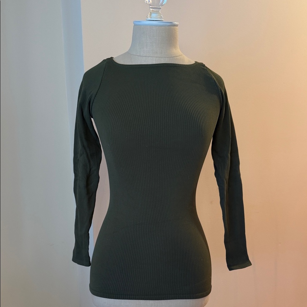 Free People Dark Green Ribbed Long Sleeve Top
